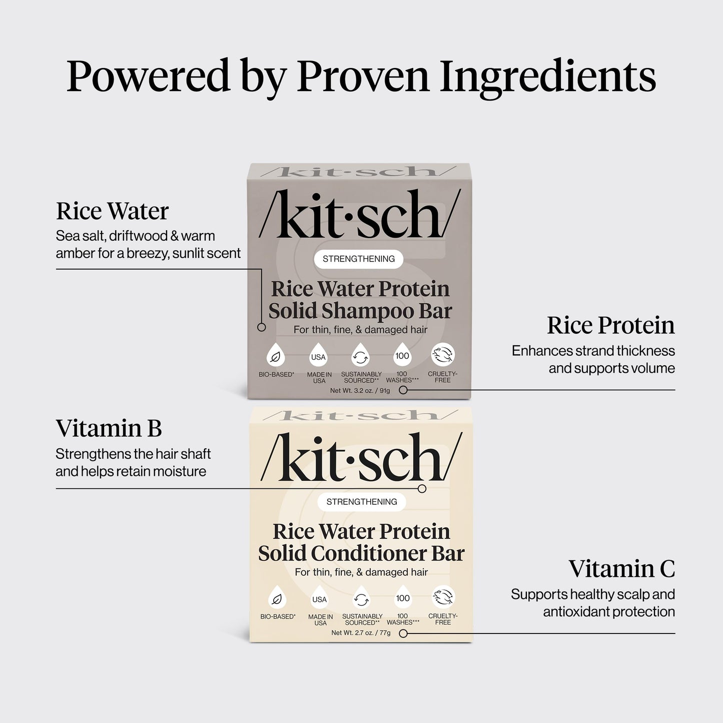 Kitsch Rice Water Protein Solid Shampoo and Conditioner Set for Hair Growth - Strengthening Hair Care Duo w/Rice Protein & Vitamins for Damage Repair