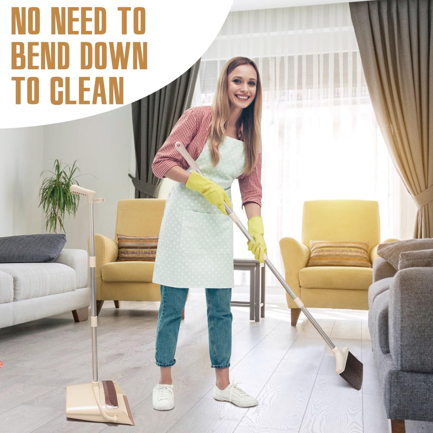 XXFLOWER Broom & Dustpan Set with Long Handle – Lightweight, Upright Stainless Steel Poles, Ideal for Home, Kitchen, Office & Pets