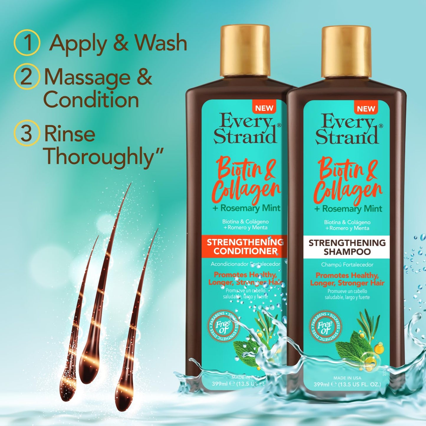 Every Strand Biotin and Collagen Shampoo and Conditioner Set 13.5 oz with Rosemary Mint, Volumizing Duo for Thinning and Fine Hair, Sulfate Free