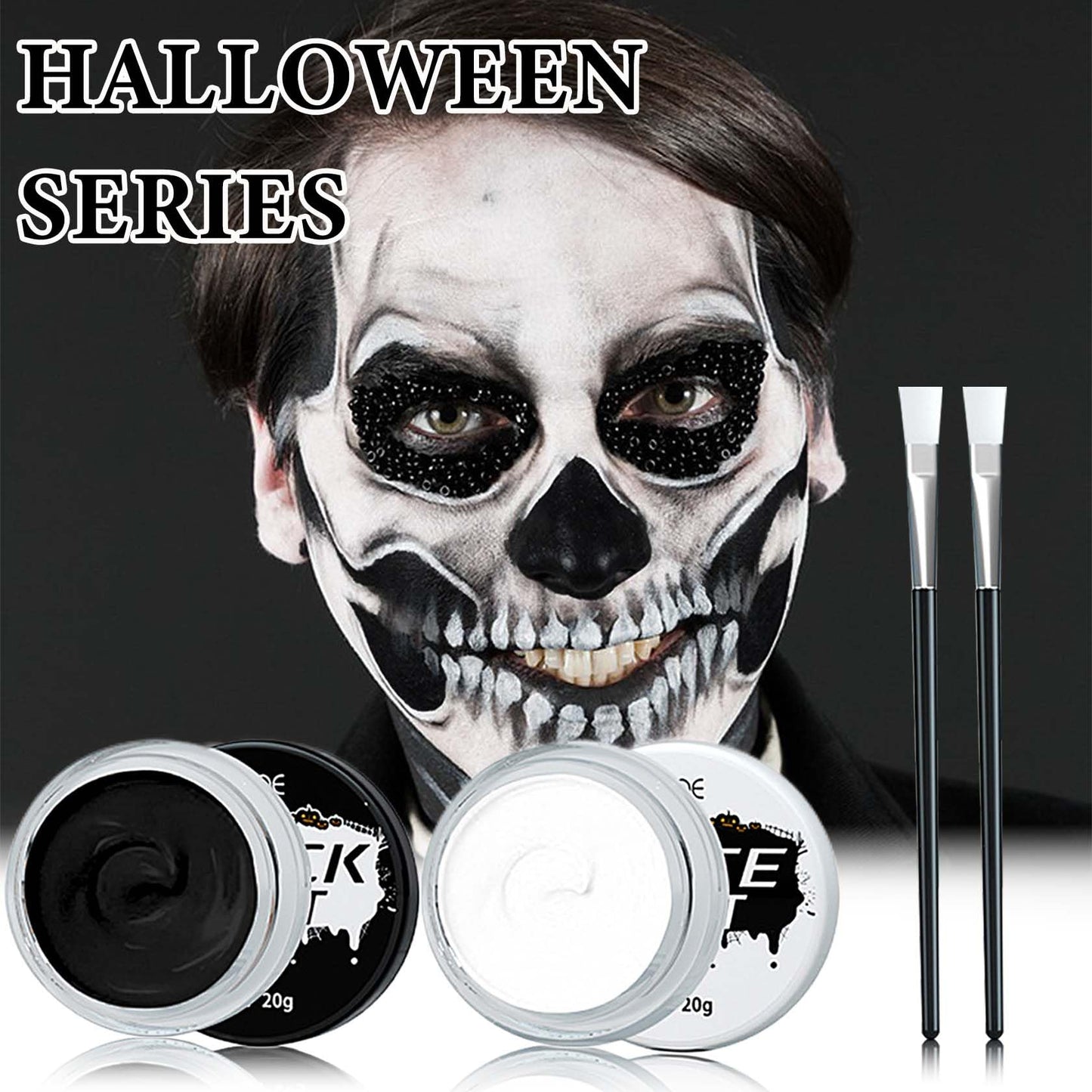 Black White Face Body Paint Set,Oil Based Face Painting Kit,Special Effects Halloween SFX Makeup Kit with 2 Brushes,Halloween Face Paint Palette Kit