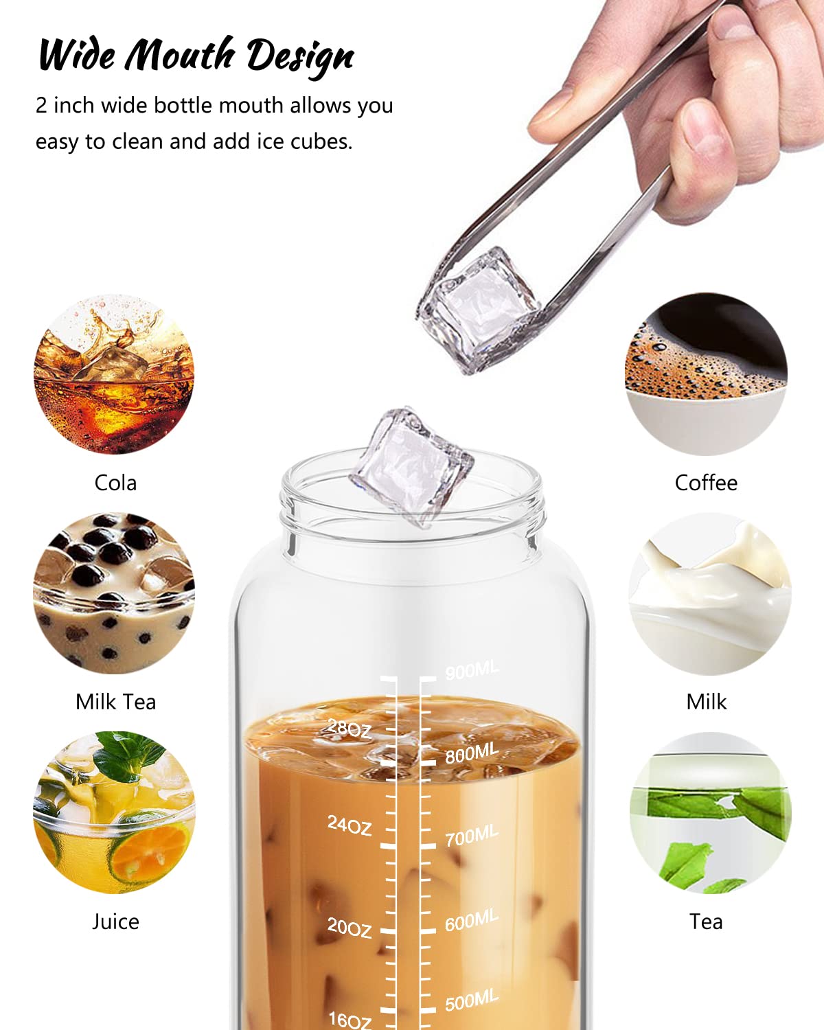 Nefeeko 32 oz Glass Water Bottles with Straw, Time Marker, Motivational 1 Liter BPA FREE Leakproof Reusable Glass Water Bottle with Silicone Sleeve