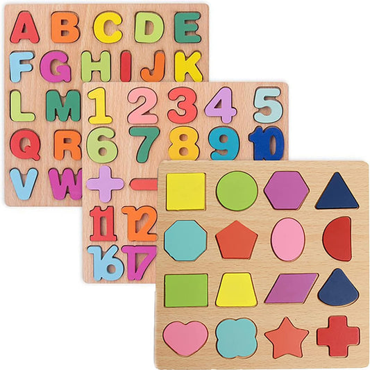 Wooden Puzzles for Toddlers – 3 Pack Alphabet, Number & Shape Montessori Puzzles for Kids Ages 3+ Boys & Girls