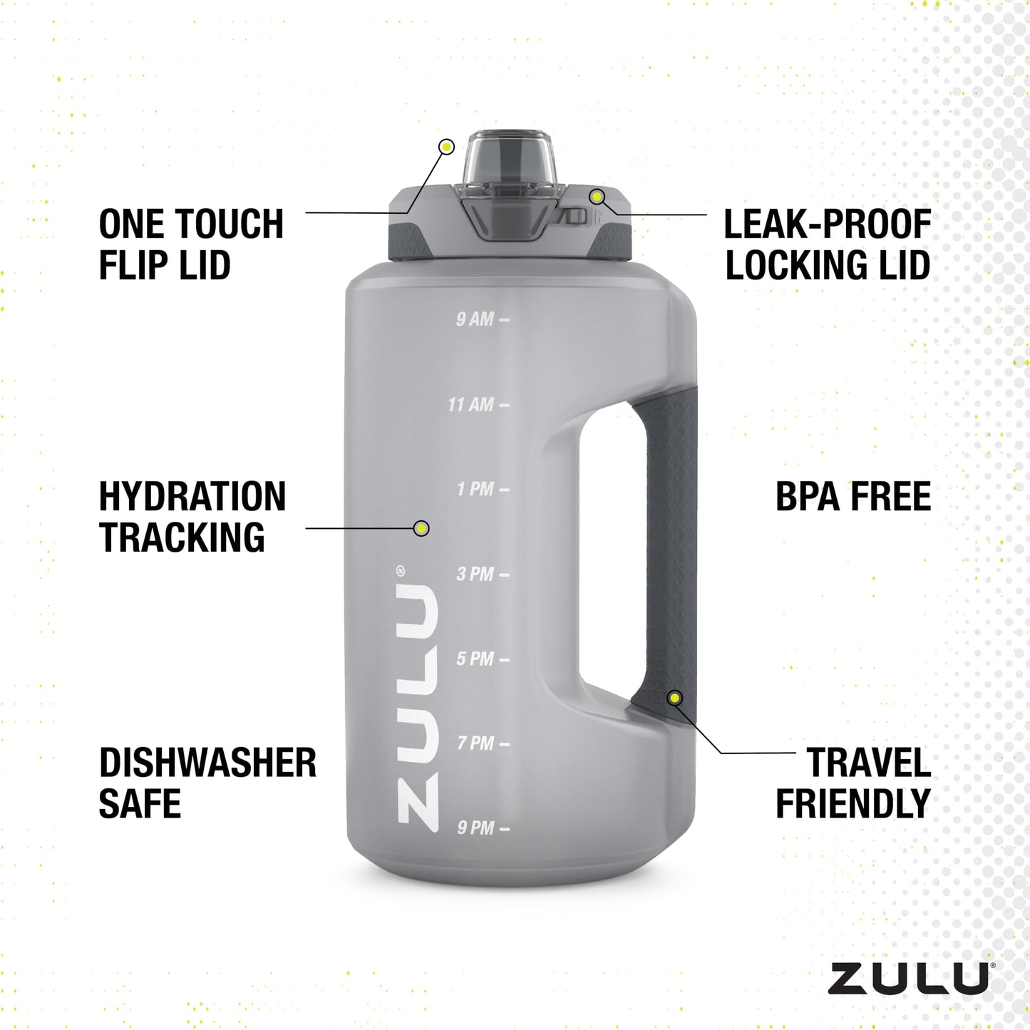 ZULU Goals 64oz Half Gallon Plastic Water Bottle with Straw and Time Marker | Large Reusable Jug with Handle and Leak Proof Lid for All Day