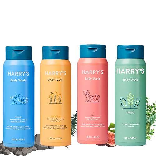 Harry's Men's Body Wash, 18 Fl oz (Pack of 4) | Men's Body Wash and Shower Gel Variety Pack - Stone, Redwood, Fig & Spring Scent | Sulfate-Free