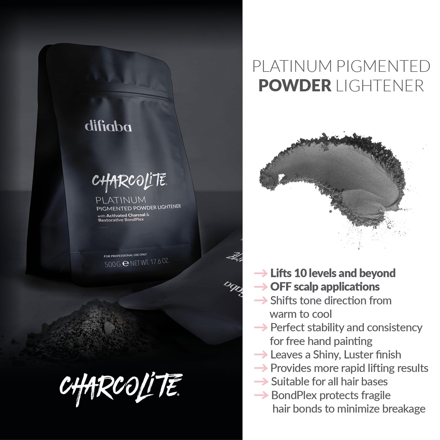DIFIABA Charcolite Charcoal Bleach Hair Lightener Powder - Cool Toning Lightening Powder w/ Activated Charcoal & Restorative BondPlex - Lighten & Tone