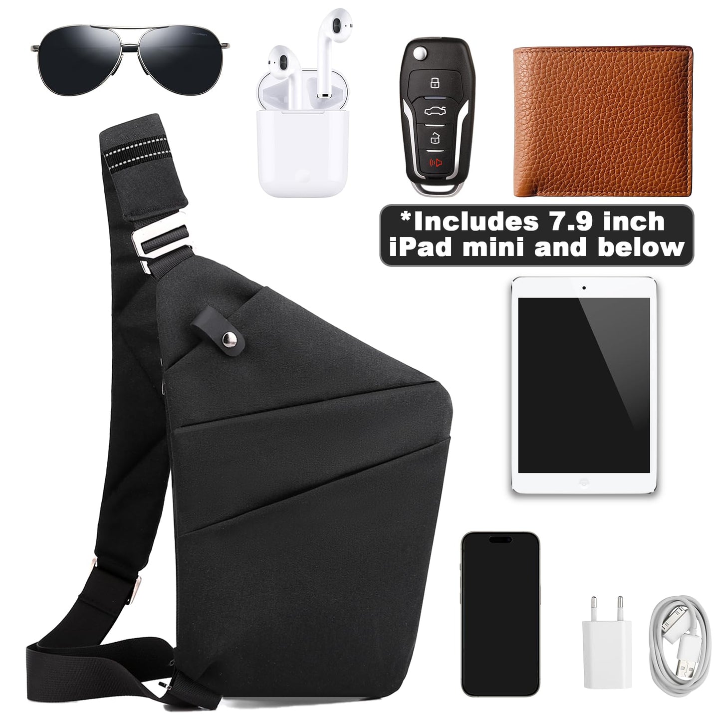 Anti Theft Travel Bag, One Shoulder Large Capacity Cross-body Bag Chest Fashion Lightweight Sling Bags for Travel Sports (Left Shoulder, Black)