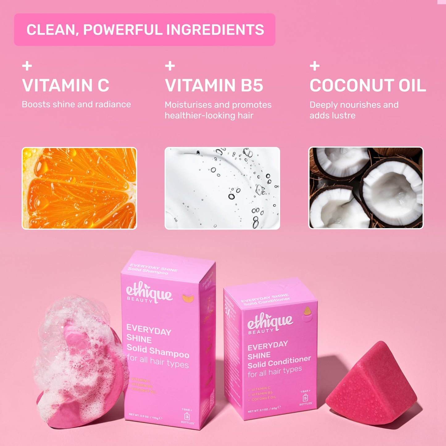 Ethique Beauty Everyday Shampoo & Conditioner Bar Set for Shiny Hair with Vitamin C - Plastic-Free, Vegan, Cruelty-Free - 2 Pack