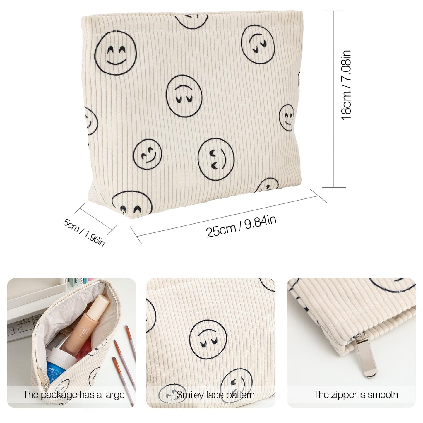 Wudimeitt Cosmetic Bag – Preppy Cute Corduroy Makeup & Toiletry Bag for Women, Travel Essentials Organizer Pouch (Full Beige)