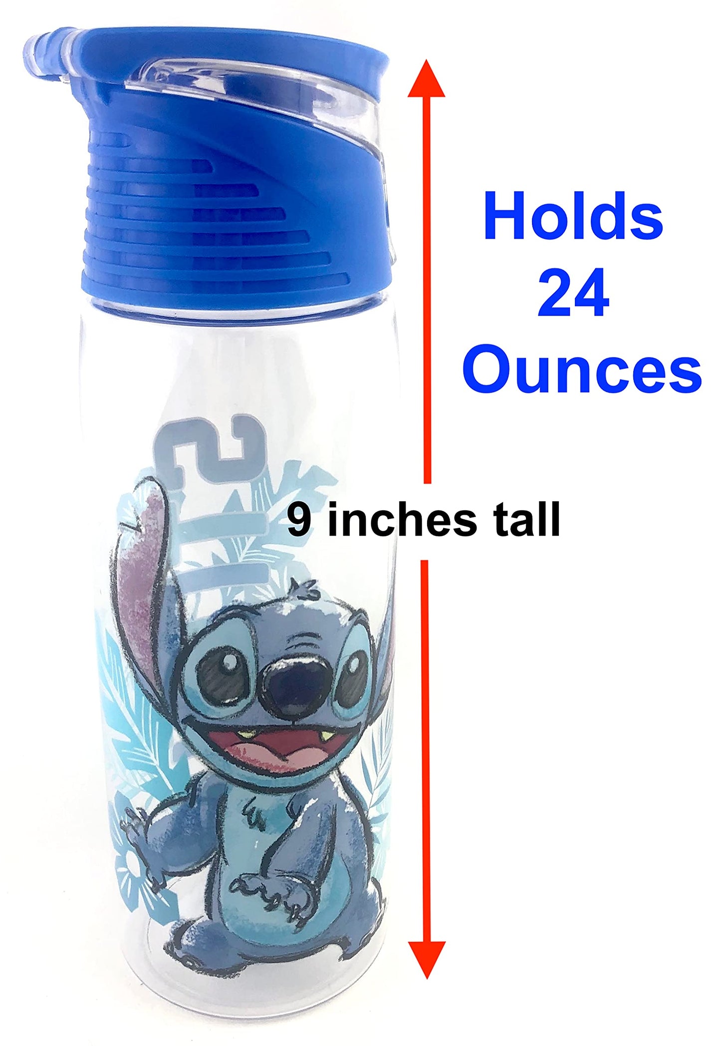 Jerry Leigh Disney - Lilo and Stitch Flip Top Water Bottle - Loop Attachment Handle - 24 Ounce