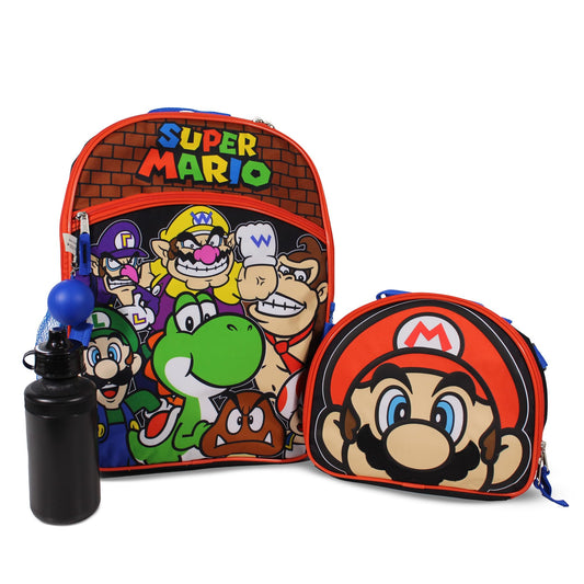Nintendo Super Mario Bros. Backpack Set for Boys & Girls, Kids 16" School Bag with Front Zip Pocket, Red & Black