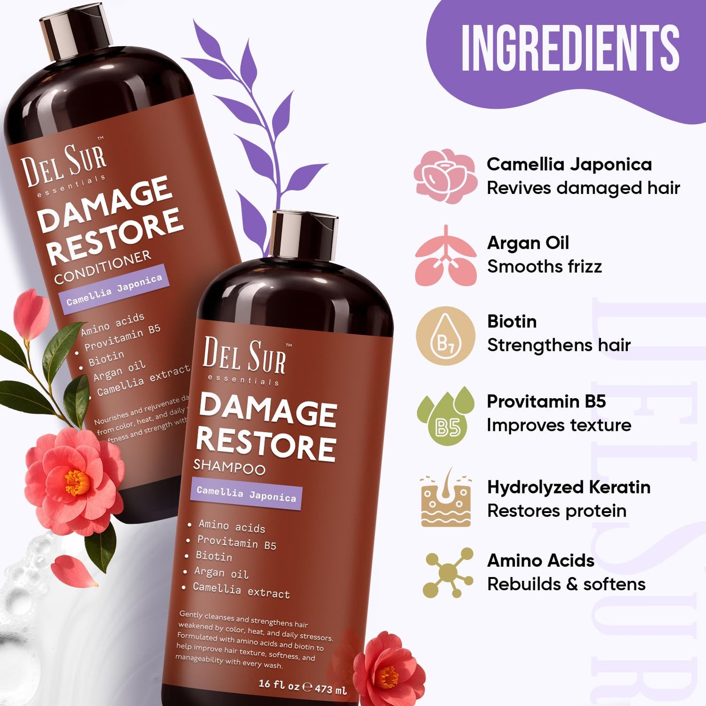 DEL SUR Hair Repair Shampoo and Conditioner Set | 16 fl oz Each | with Camellia Japonica, Amino Acids, Biotin & Argan Oil | Moisturizing Strength