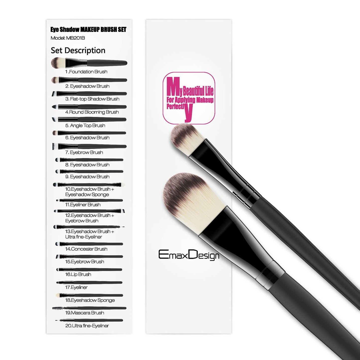 EmaxDesign 20 Pieces Makeup Brush Set Professional Face Eye Shadow Eyeliner Foundation Blush Lip Makeup Brushes Powder Liquid Cream Cosmetics Blending