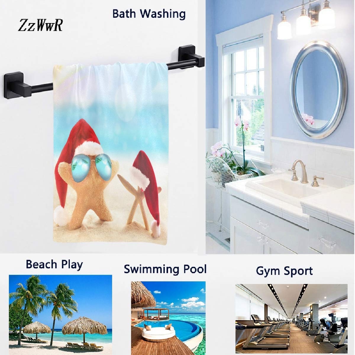 ZzWwR 3D Tropical Summer Beach Starfish in Santa Hat Christmas Soft Highly Absorbent Guest Large Home Decorative Hand Towels Multipurpose…