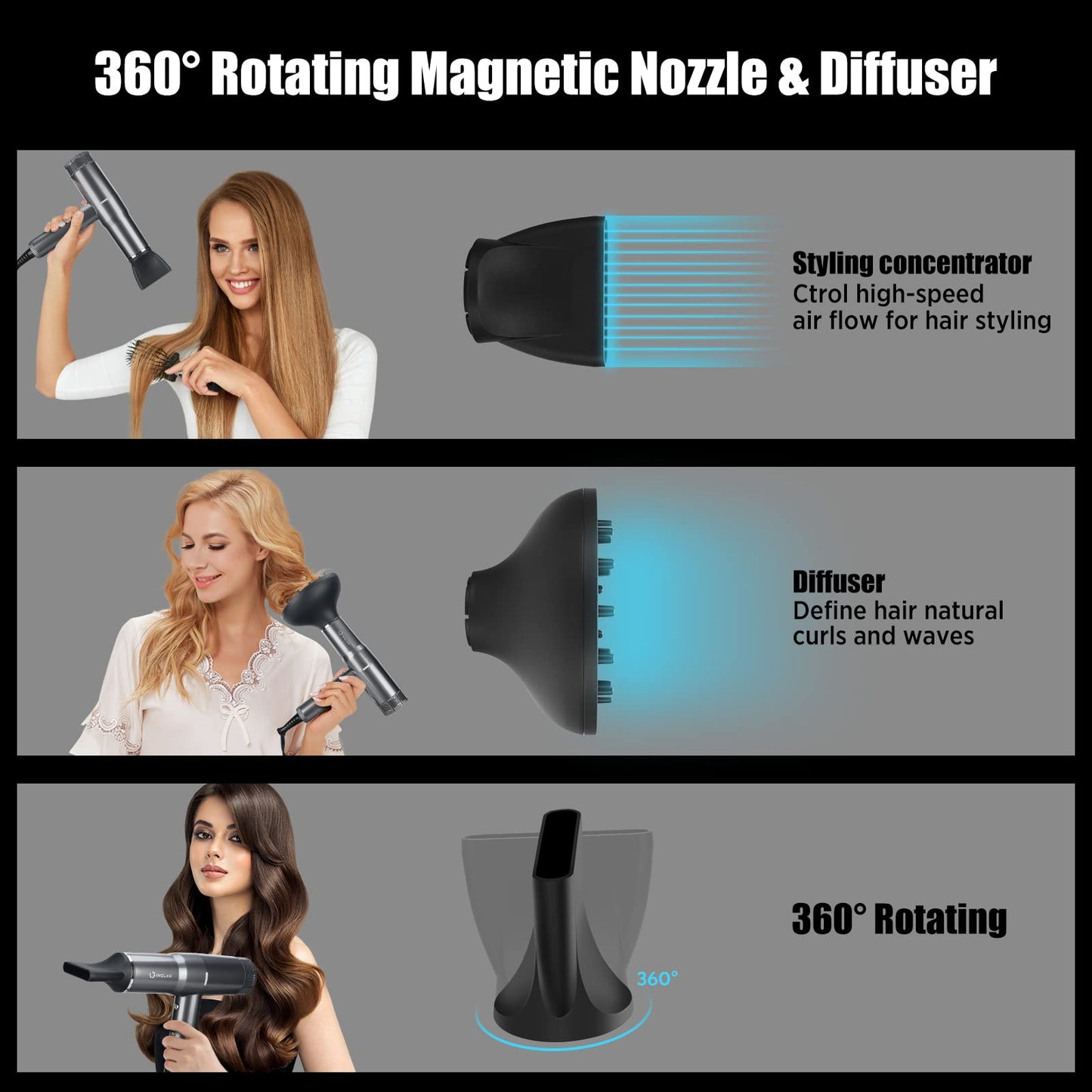Blow Dryer with Diffuser, IG INGLAM Professional Hair Dryer 110,000RPM Brushless Motor High Speed Low Noise, 3 Heat Settings & 3 Speed & Cold