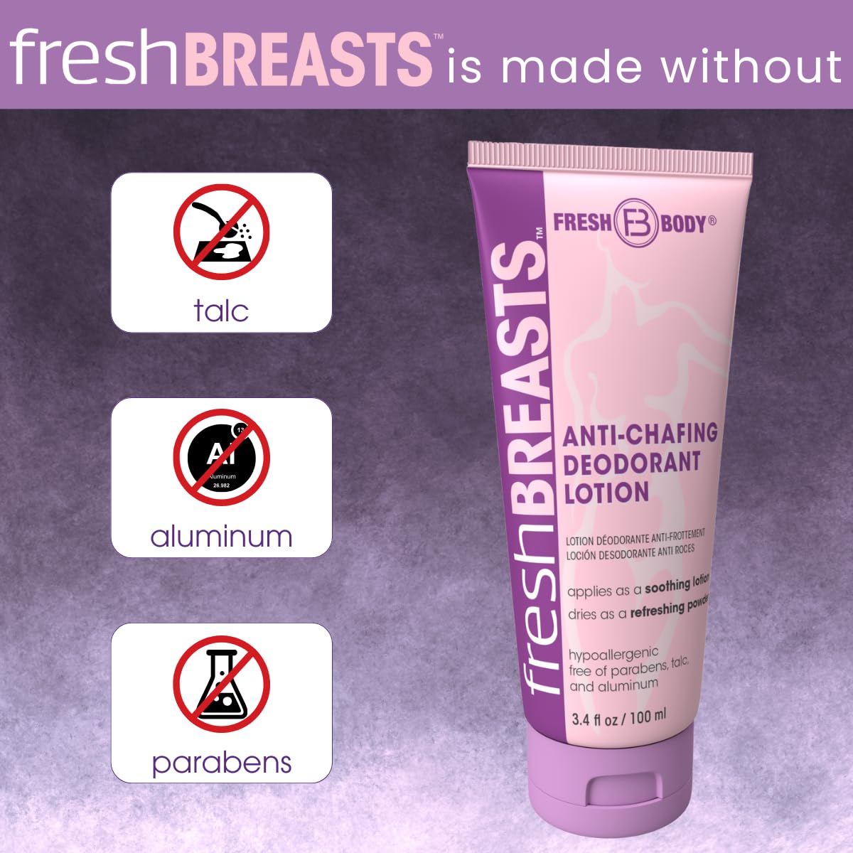 Fresh BREASTS Anti Chafing Deodorant Lotion to Powder, 3.4oz (2 Pack) - Anti Chafe Cream Whole Body Deodorant for Women, Inner Thighs & Areas that