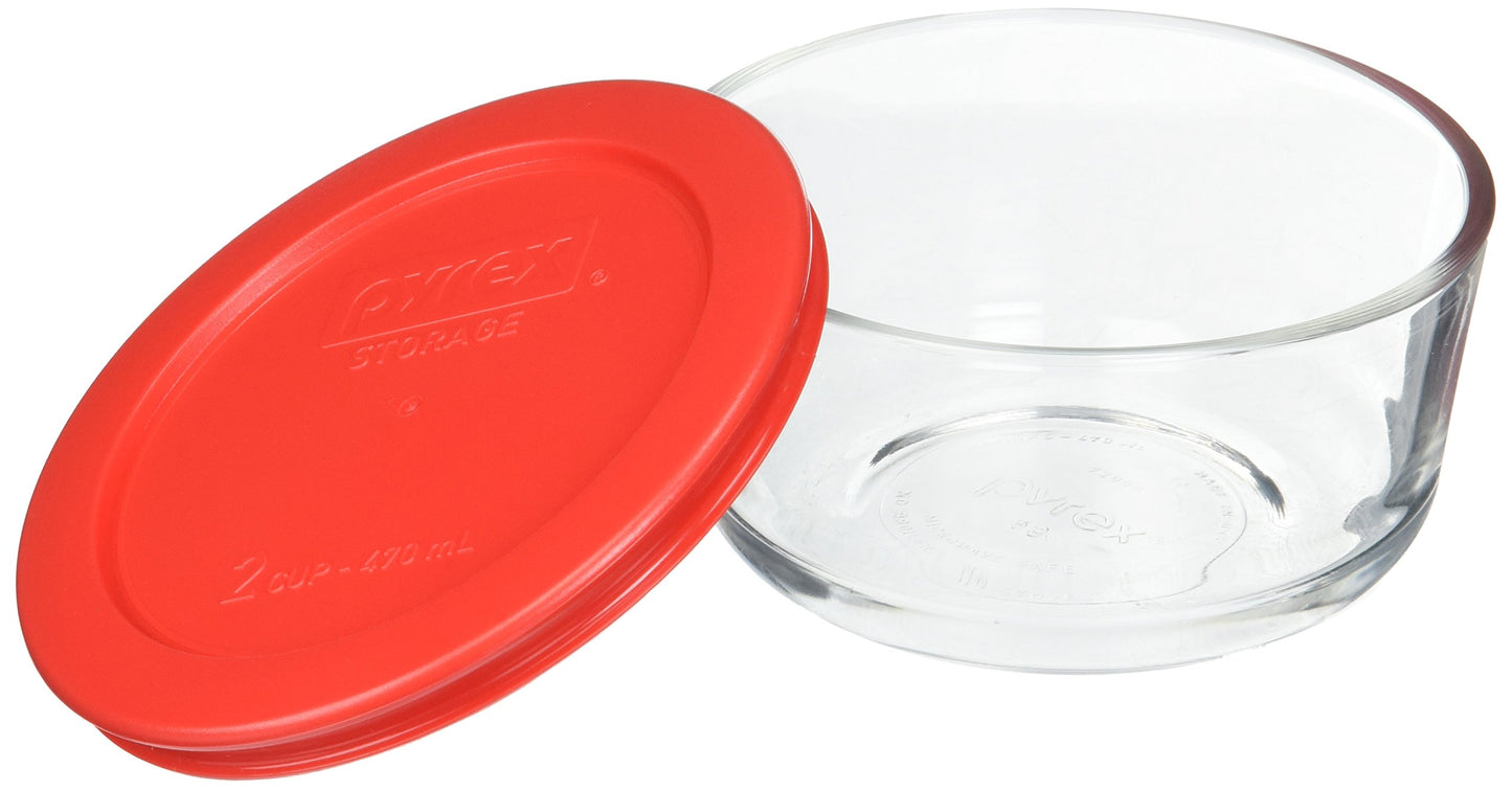 Pyrex (6) 7200 2 Cup Glass Bowls & (6) 7200-PC Red Food Storage Replacement Lids - Made in USA