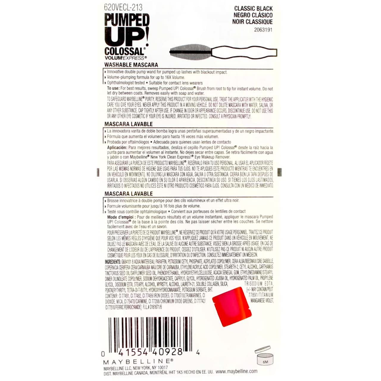 Maybelline Volum' Express Pumped Up! Colossal Washable Mascara, Classic Black [213] 0.33 oz (Pack of 3)