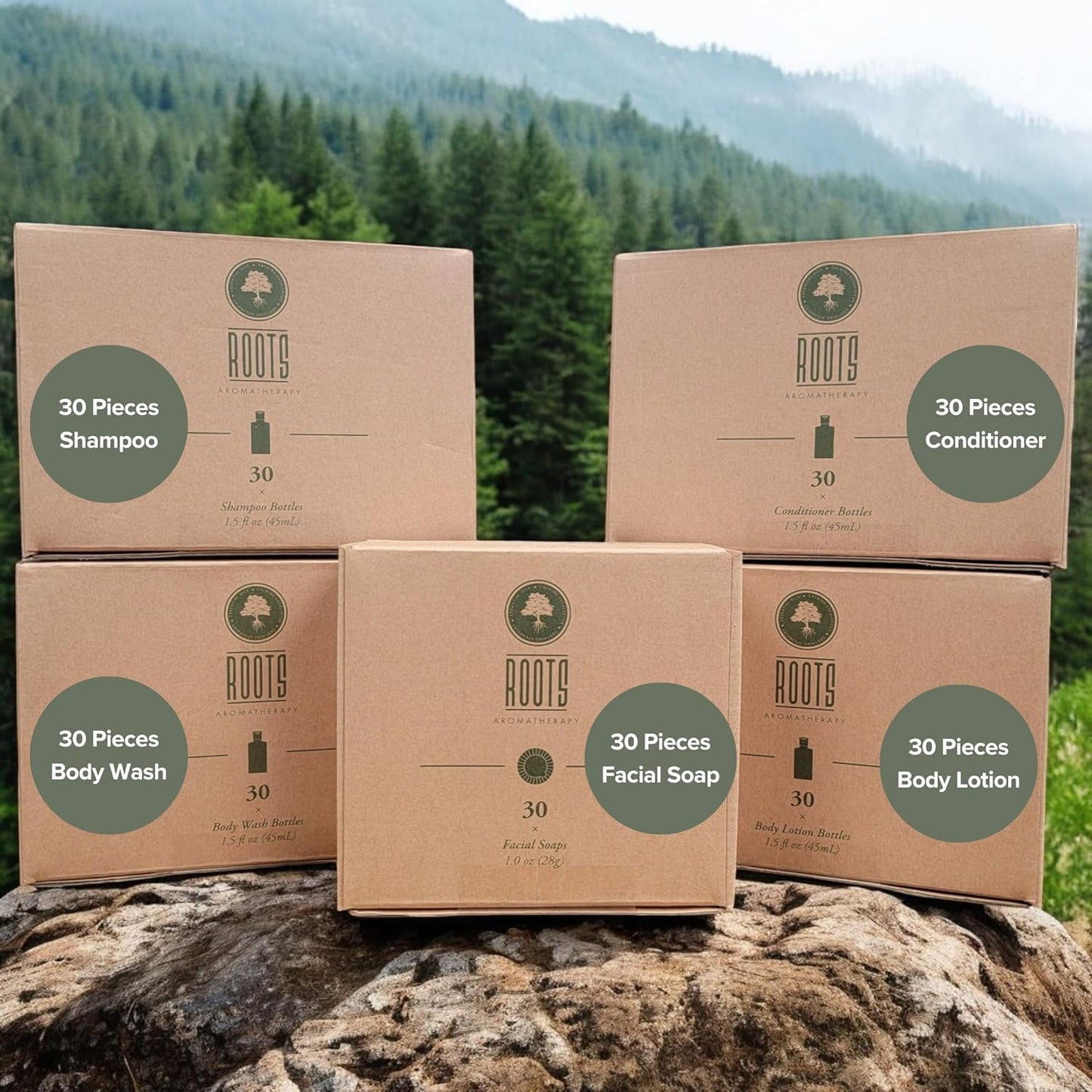 ROOTS AROMATHERAPY 150 Piece Airbnb Essentials for Hosts,Hotel Shampoo & Conditioner Supplies for Guests, Body Wash Lotion & Soap, Travel Size
