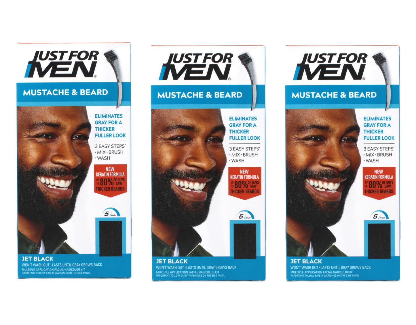 Just for Men Brush-In Color Gel for Mustache, Beard & Sideburns, Jet Black, M-60, 1 kit, (Pack of 3)