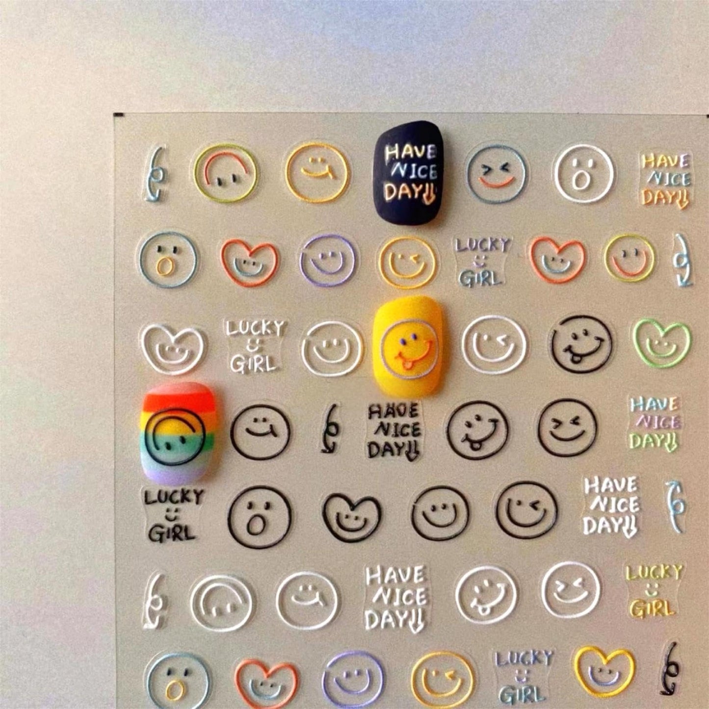 Dedyel Smile Nail Art Stickers 5D Embossed Cute Smile Face Kawaii Self-Adhesive Nail Stickers for Women Girls Kids Nail Art Decoration