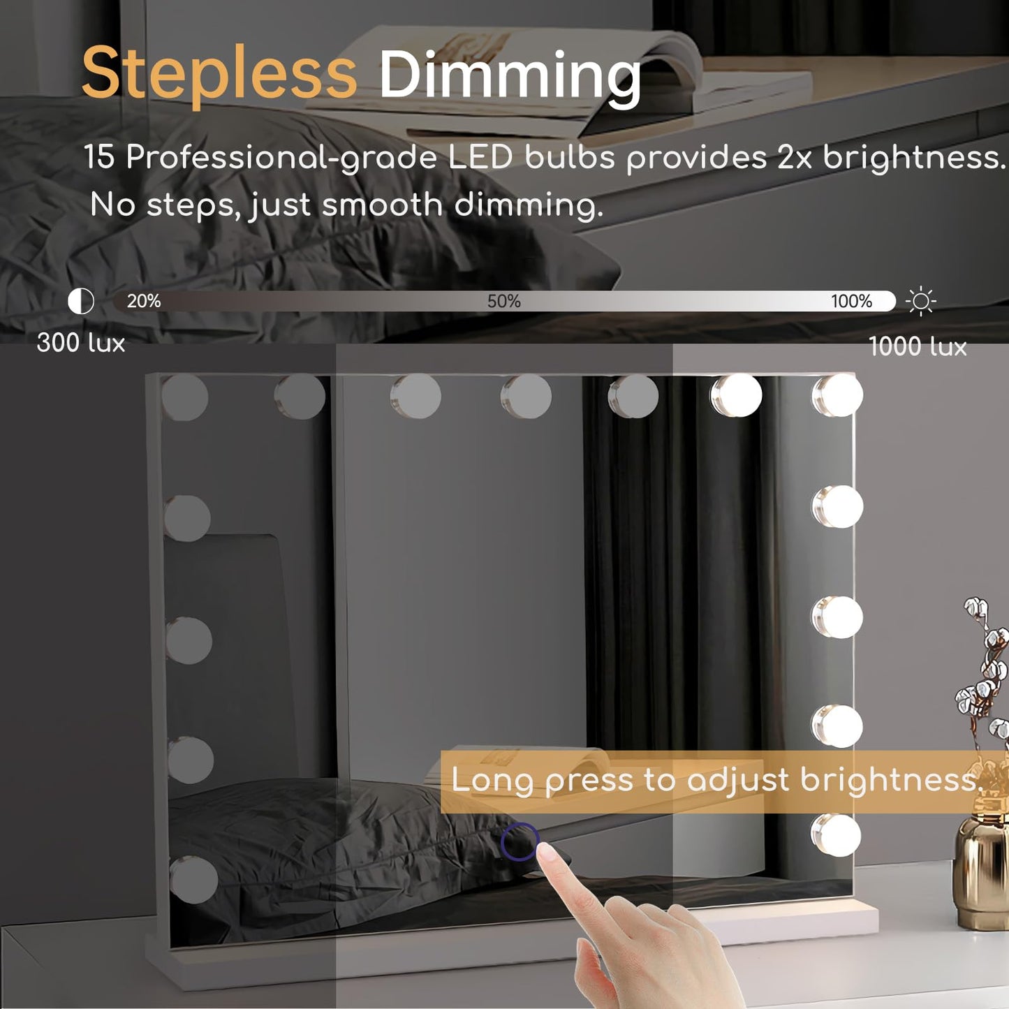 Amifiy Hollywood Vanity Mirror with Lights, 23"x18" Lighted Makeup Mirror with 10x Magnification for Desk/Wall Mount, 15 Led Bulbs, 3 Lighting Modes Beauty and Personal Care Amifiy