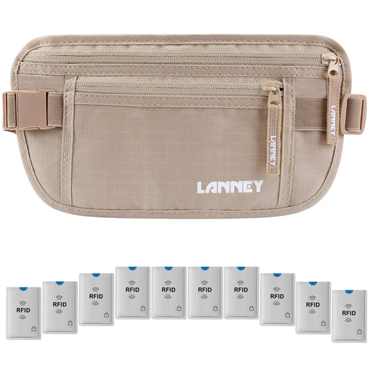 Slim RFID Blocking Money Belt for Travel, Hidden Pouch for Passport, Cash, Cards with 10 RFID Sleeves for Men & Women