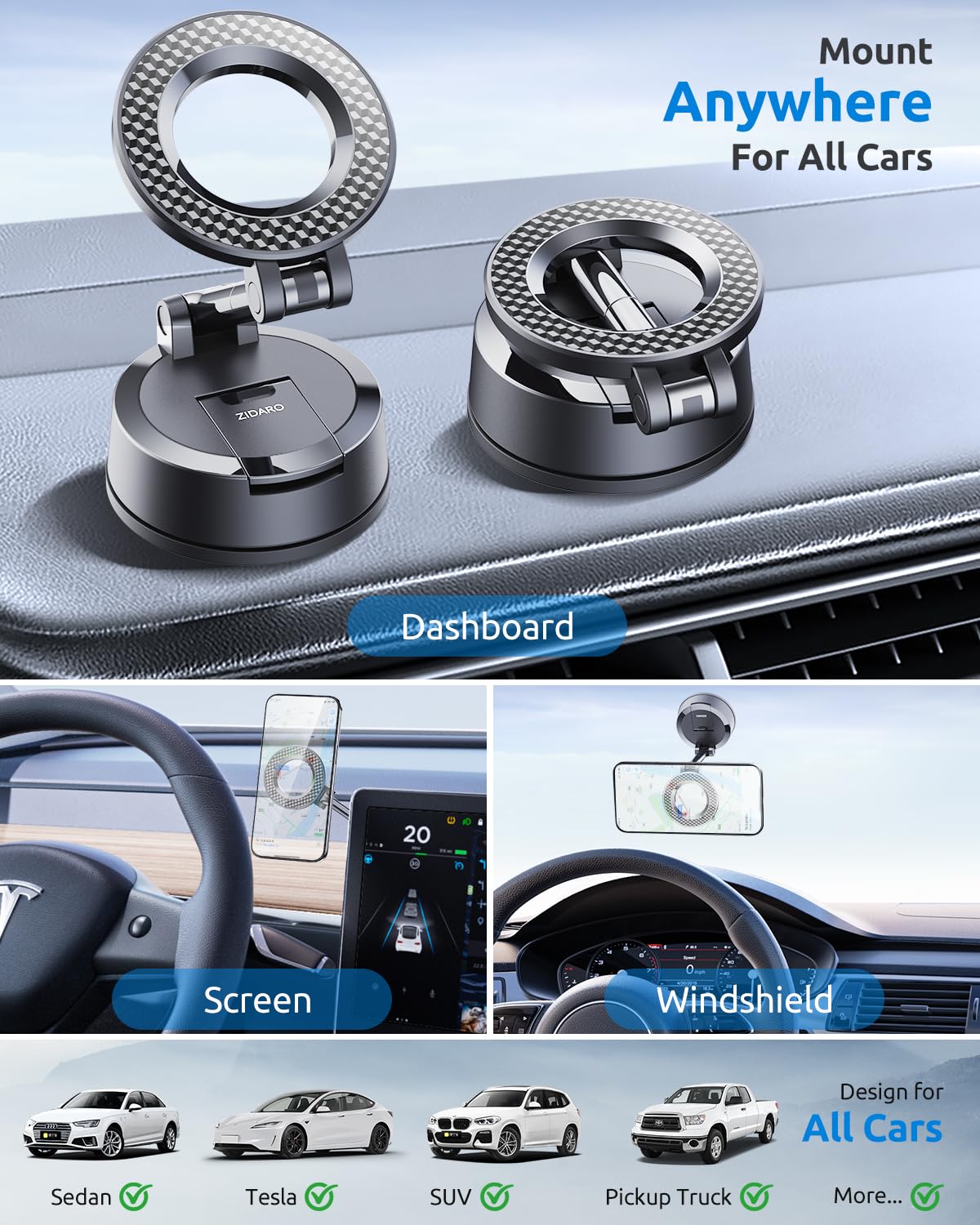 Vacuum Magnetic Car Phone Holder, 360°Adjustable, Compatible with iPhone 12-17 Series & Dashboard Mount & Tesla, 80+LBS Strong Suction Cup Phone…