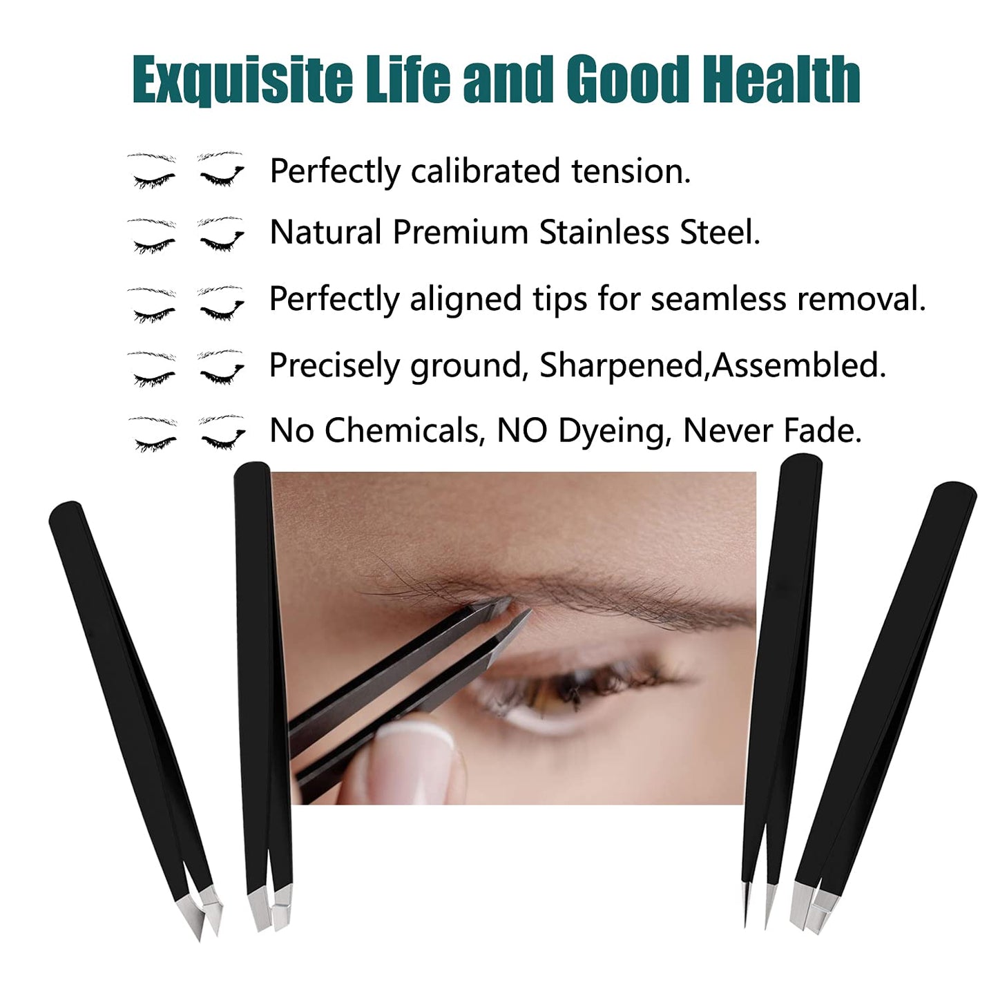 LUDOUPIER [4+1 Pieces] Tweezers Set with Travel Case, Great Precision Upgrade Professional Anti-rust Alloy Tweezers for Women & Men Multi-purpose as