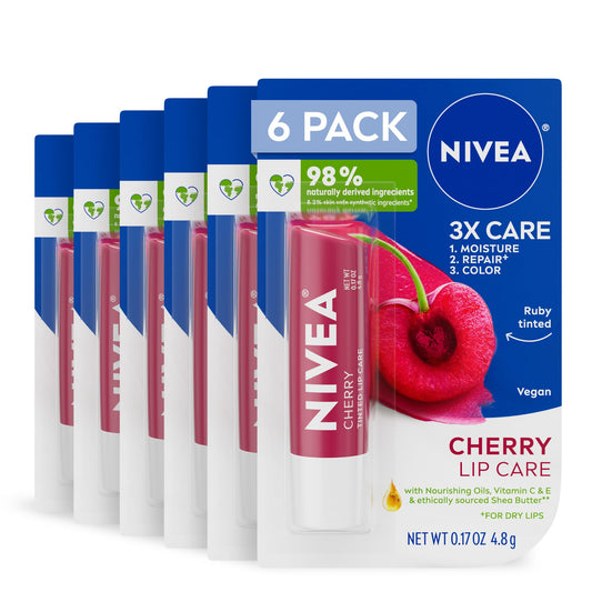NIVEA Cherry Lip Care, Tinted Lip Balm with Shea Butter, Nourishing Oils and Vitamin C & E, 3-in-1 Moisture, Repair (for Dry Lips) and Color, 0.17 Oz