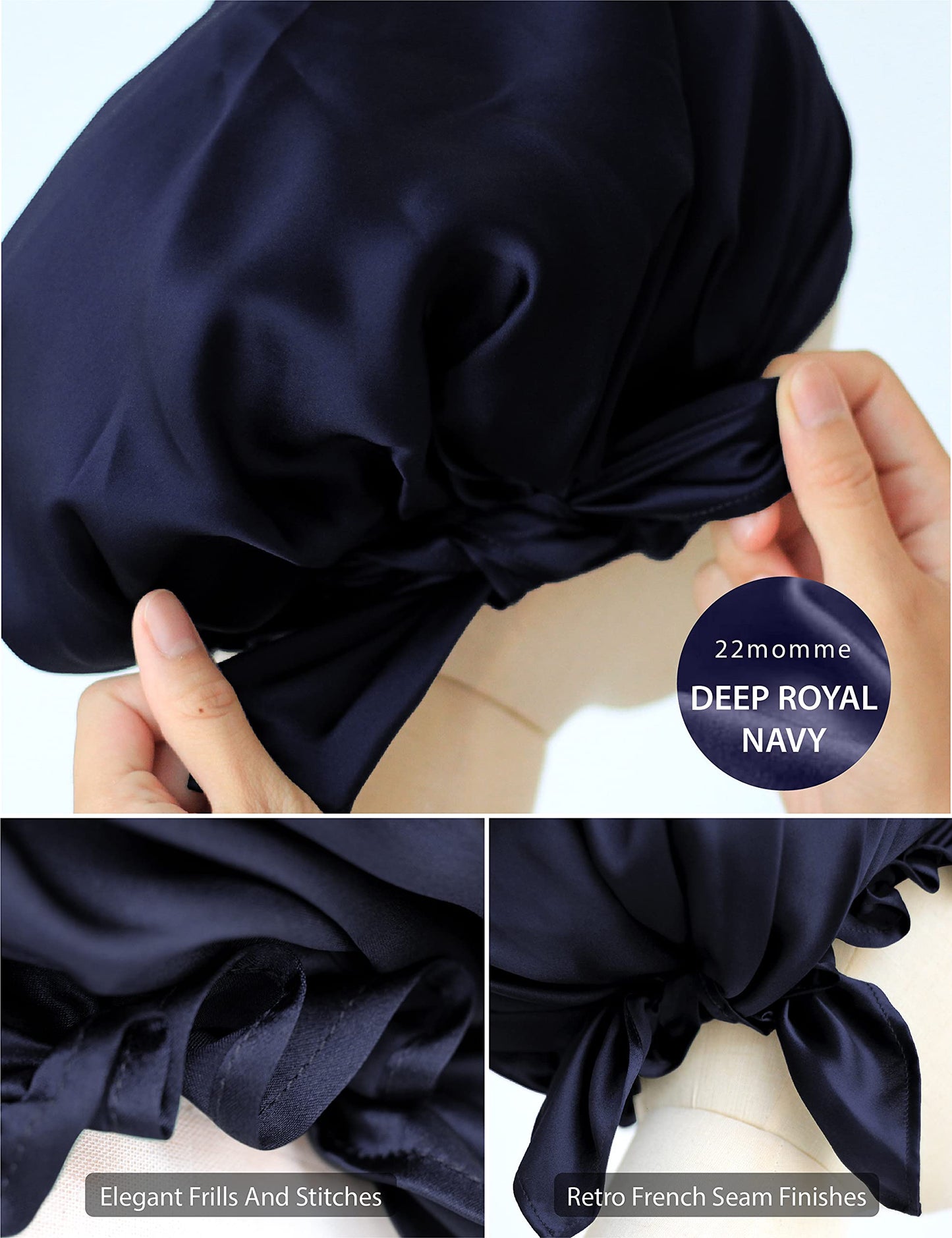 SissiLita Women's Silk Sleep Cap, Large Deep Royal Navy Hair Bonnet for Curly Hair, Moisture Wicking, Lightweight