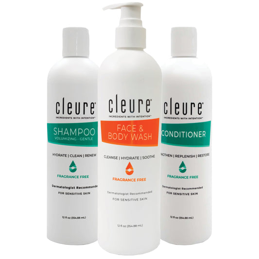 Cleure Fragrance Free Shampoo and Conditioner Set with Body Wash - Hypoallergenic 3 Piece Sulfate Free Hair & Body Care for Sensitive Skin (12 oz
