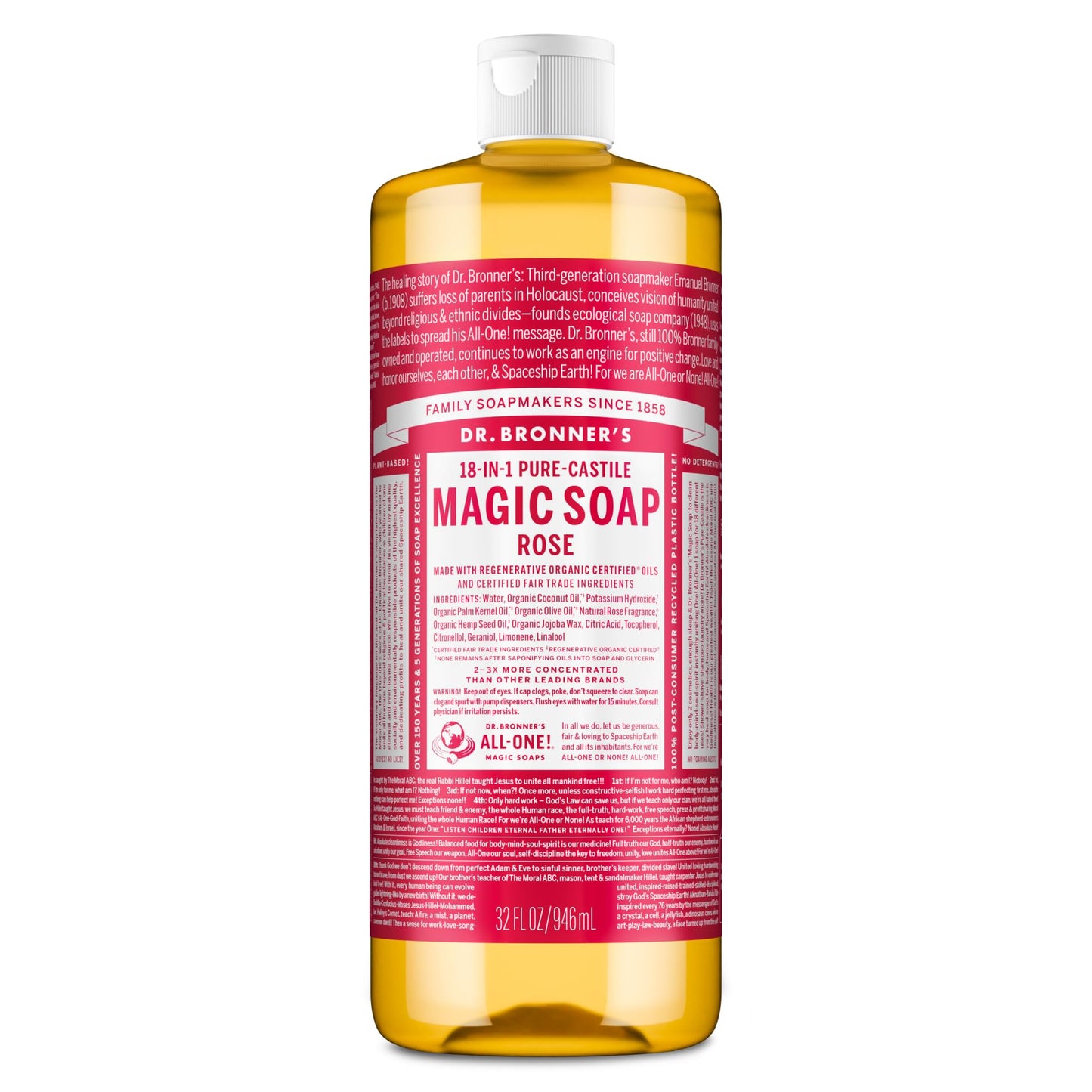 Dr. Bronner's Magic Soap Pure-Castile Liquid Soap (Rose, 32 Ounce) - Made with Regenerative Organic Certified Oils, 18-in-1 Uses: Face, Body, Hair