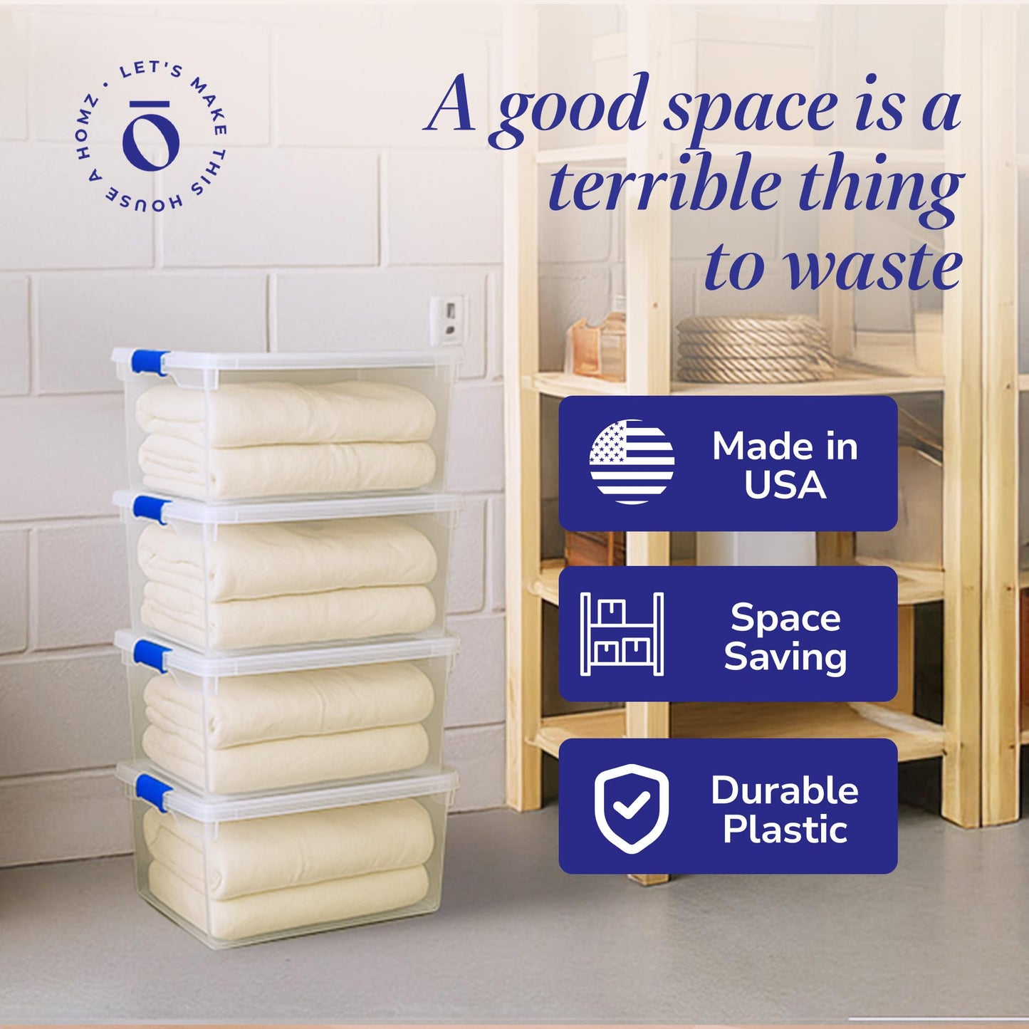 HOMZ 4-Pack Secure Latch, Clear Plastic Storage Organizer Bins, 66 Quart, Blue Latches - Stackable Organizing Containers for Home, Garage, and Office