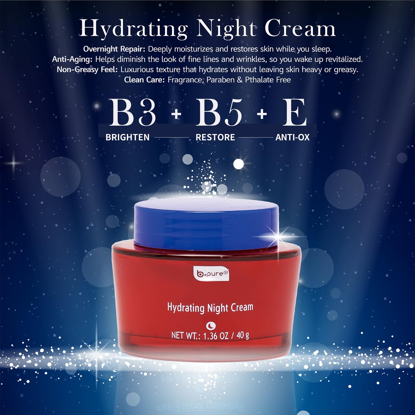 b.pure Revitalizing Hydrating Night Cream Face Moisturizer | Niacinamide, Vitamin E, Vitamin B5 | Anti-Aging, Anti-Wrinkle | 1.36 oz, 3-Pack