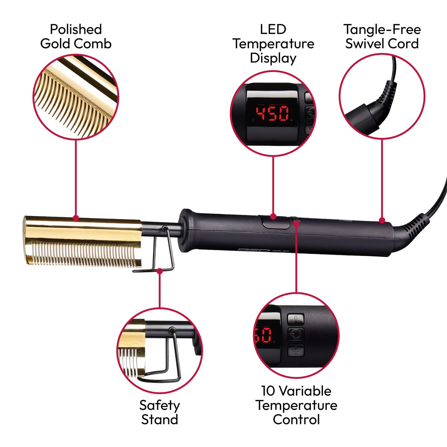 Red by Kiss Hot Comb Hair Straightener 450 Degrees, Curved Electric Heating Comb, Pressing Comb Brush for Straightening Hair and Beard, Curling Iron