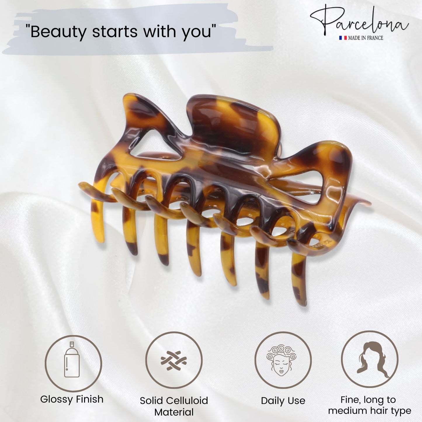 Parcelona French Classic Medium 3" Celluloid No Slip Grip Covered Spring Jaw Hair Claw Durable Styling Hair Accessories Women Strong Hold Girls Hair