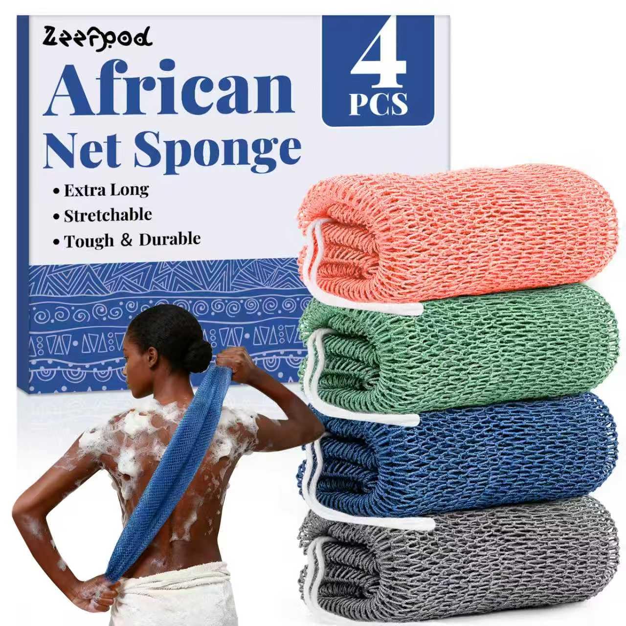 African Net Sponge Authentic-4 Packs African Exfoliating Net Sponge,Bath Sponges for Shower,42 inch Long for Normal to Sensitive Skin, for Daily use Beauty and Personal Care Zeefpod Default Title