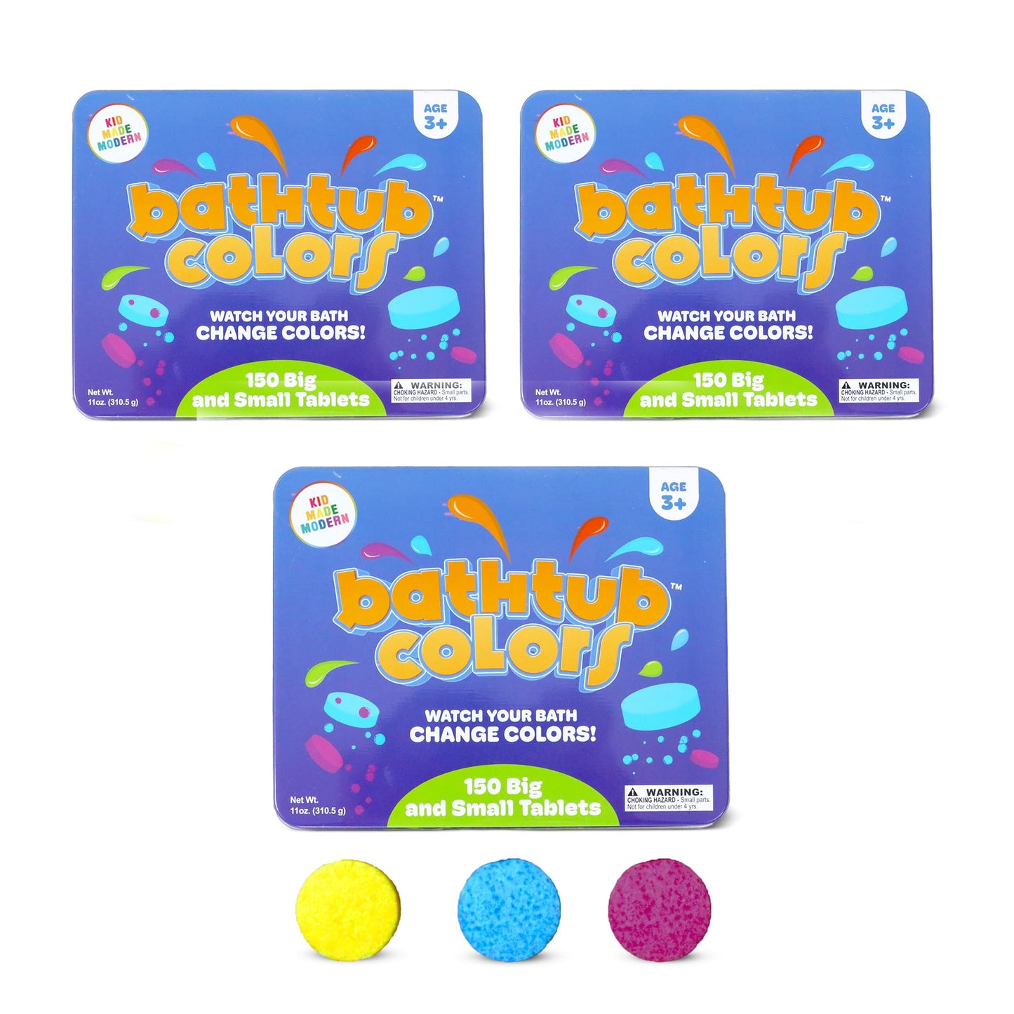 Kid Made Modern Bath Color Tablets for Kids - 450 Non Toxic Bath Drops for Toddlers Blue, Yellow, Pink, and Purple Bathtub Color Fizzies Tablets…