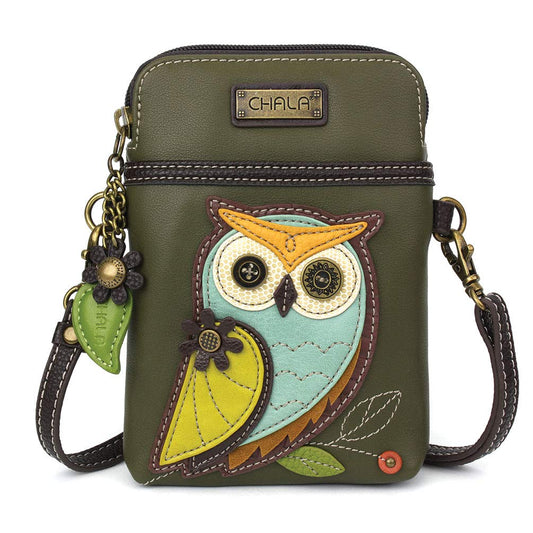 CHALA Bird Collection Cell Phone Crossbody Purse-Women PU Leather/Canvas Multicolor Handbag with Adjustable Strap - Owl A - olive Fashion CHALA
