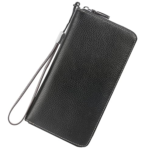 Lavemi Women's RFID Blocking 100% Leather Large Capacity Zip Around Wallet Phone Holder Clutch Travel Purse Wristlet(Large Size Pebble Black)