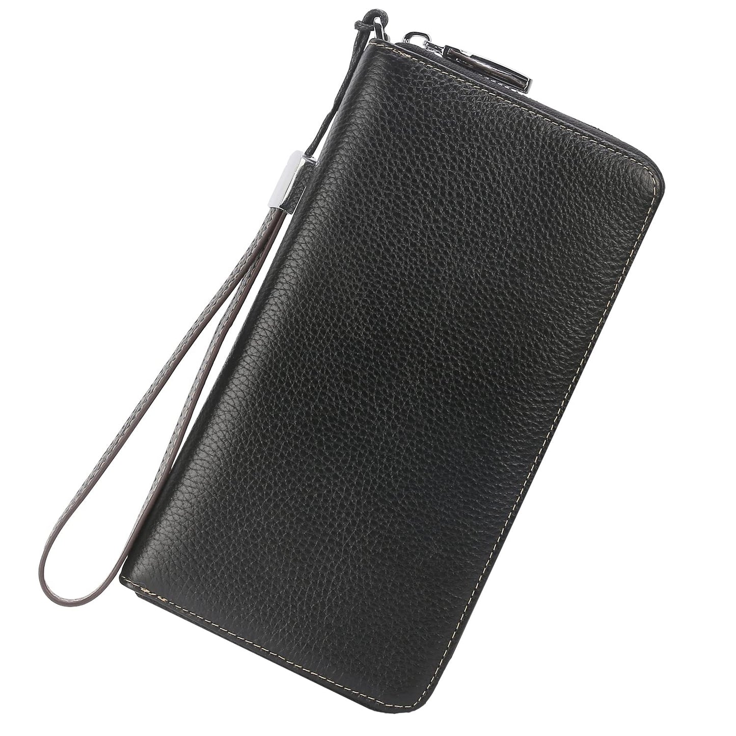 Lavemi Women's RFID Blocking 100% Leather Large Capacity Zip Around Wallet Phone Holder Clutch Travel Purse Wristlet(Large Size Pebble Black)