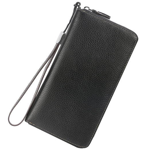 Lavemi Women's RFID Blocking 100% Leather Large Capacity Zip Around Wallet Phone Holder Clutch Travel Purse Wristlet(Large Size Pebble Black)
