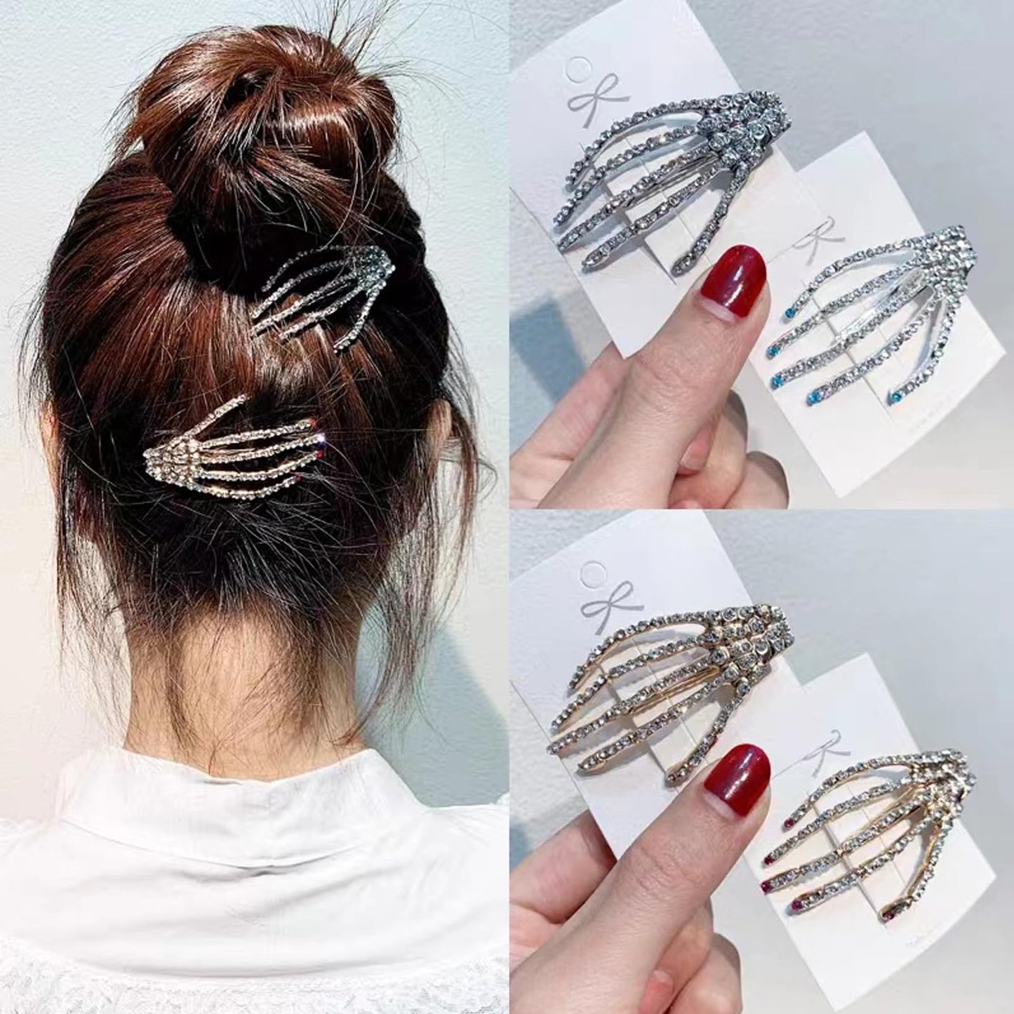 4Pcs Halloween Skeleton Hands Hair Barrettes,Halloween Hair Clips for Women Girls,Rhinestone Skull Hand Hair Clip Hairpin,Zombie Punk Rock Hair
