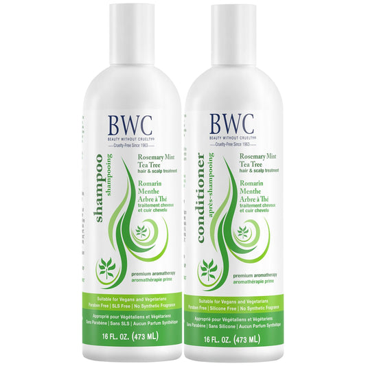 Beauty Without Cruelty Shampoo and Conditioner Set, Clarifying Rosemary Mint Tea Tree - Aromatherapy Hair & Scalp Treatment, SLS-Free, Vegan-Friendly