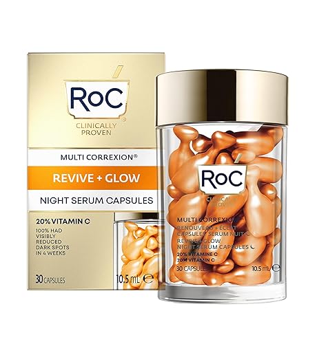 RoC Multi Correxion Revive + Glow 20% Pure Vitamin C Night Serum Capsules for Brightening, Dark Spots, and Texture, 30 count