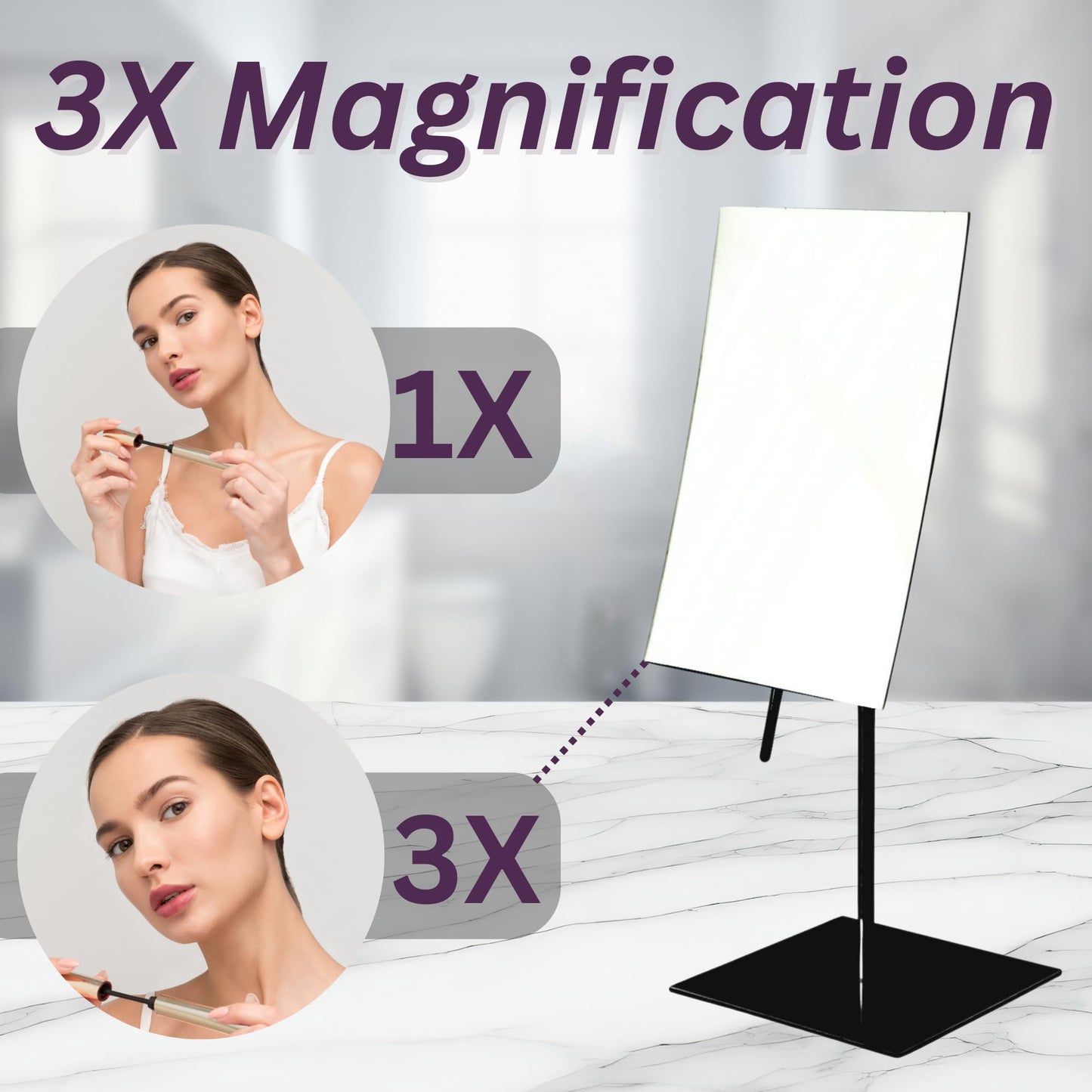 JERDON Rectangular Tabletop Vanity Makeup Mirror - 3X Magnification with Black Finish - 5-inch by 8-inch Vanity Mirror - Pivot Adjustment - Model