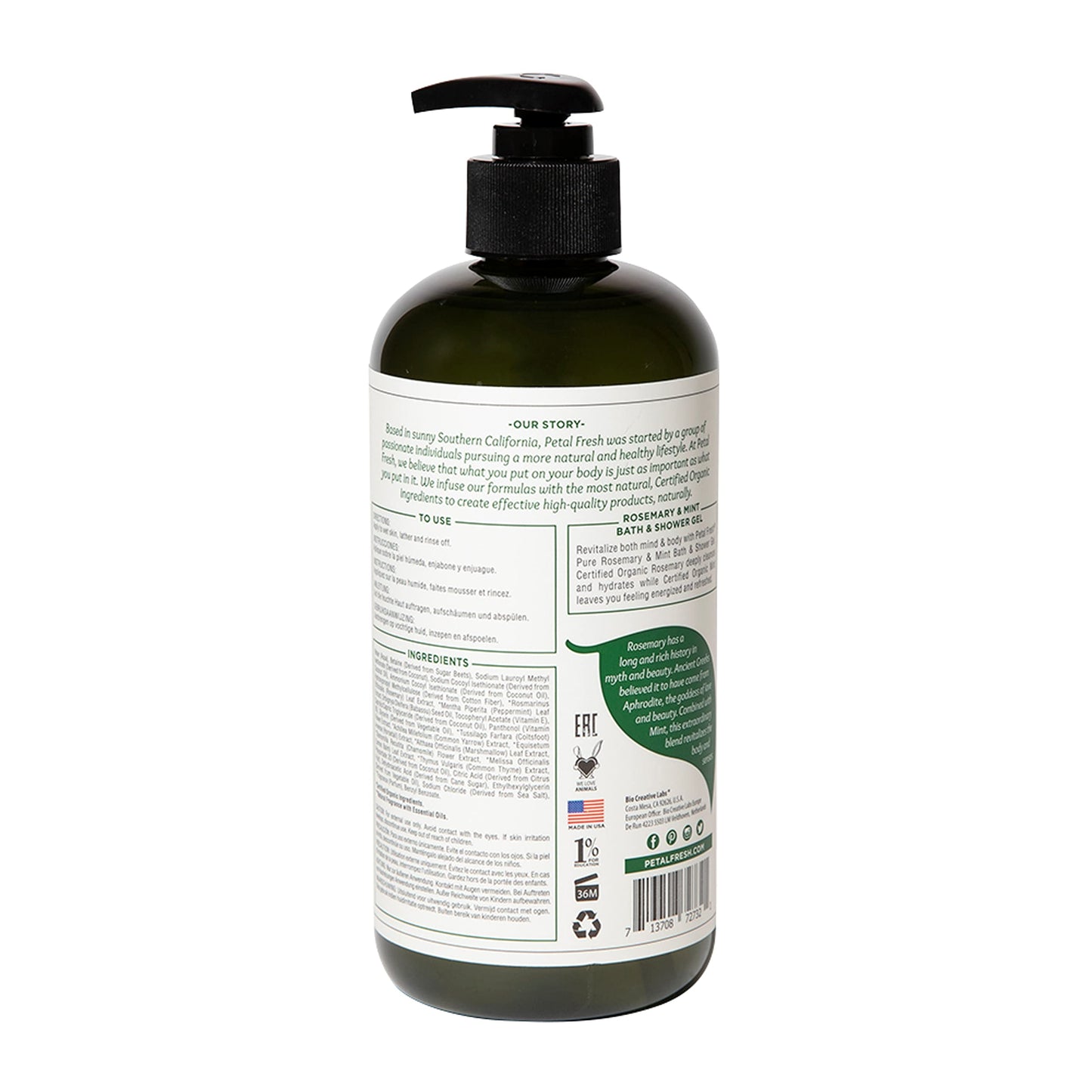 Petal Fresh Rosemary & Mint Bath & Shower Gel, Pure Energizing Body Gel, Daily Cleansing, Natural Body Care, Vegan and Cruelty Free, 16 oz