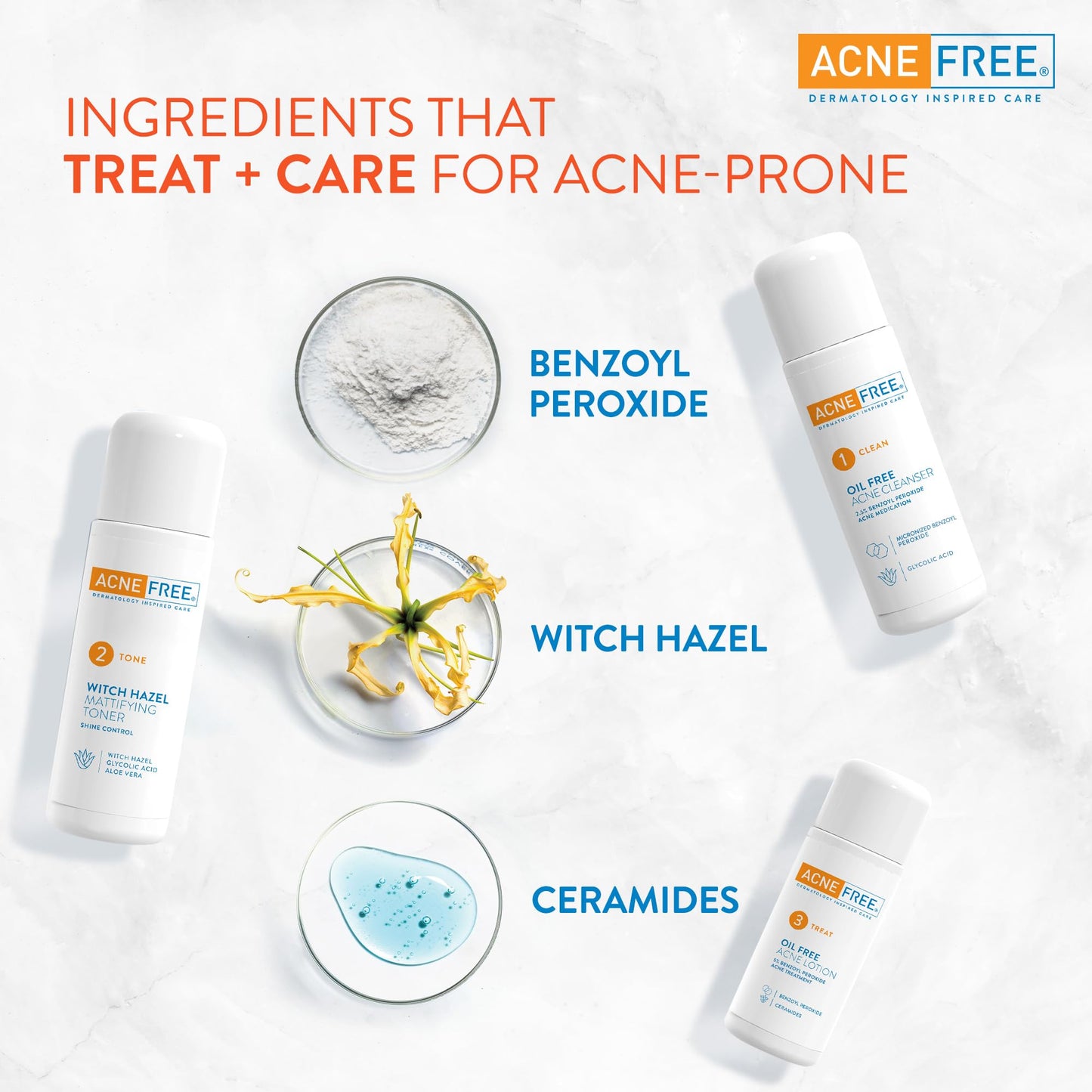 Acne Free 3 Step 24 Hour Acne Treatment Kit - Clearing System W Oil Free Acne Cleanser, Witch Hazel Toner, & Oil Free Acne Lotion - Acne Solution W