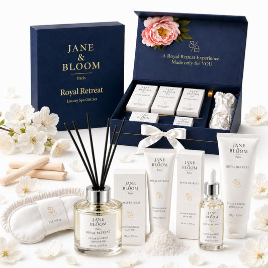 Royal Retreat Luxury Spa Gift Box for Women, Cedar & Neroli Bath and Body Gift Set, Relaxing Home Spa Kit with Bath Salt, Body Scrub, Body Oil, Hand Beauty and Personal Care Jane & Bloom
