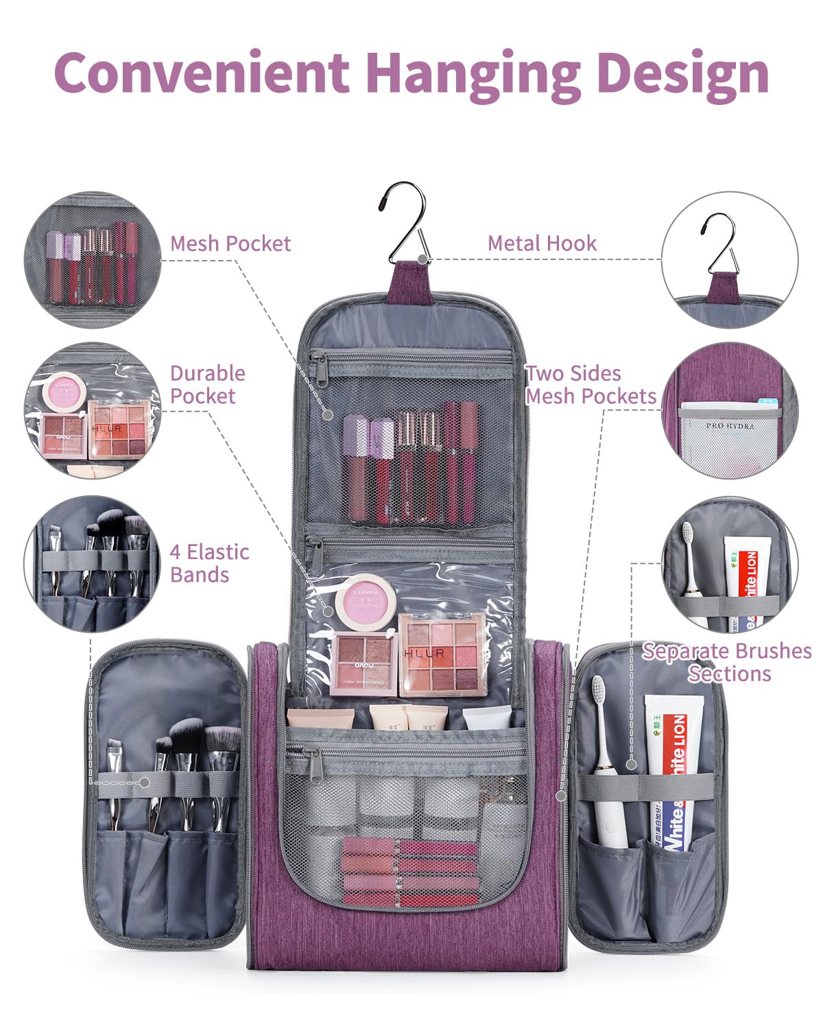 Narwey Hanging Toiletry Bag for Women Travel Makeup Bag Organizer Toiletries Bag for Cosmetics Essentials Accessories (Large, Greyish Blue) Beauty and Personal Care Narwey